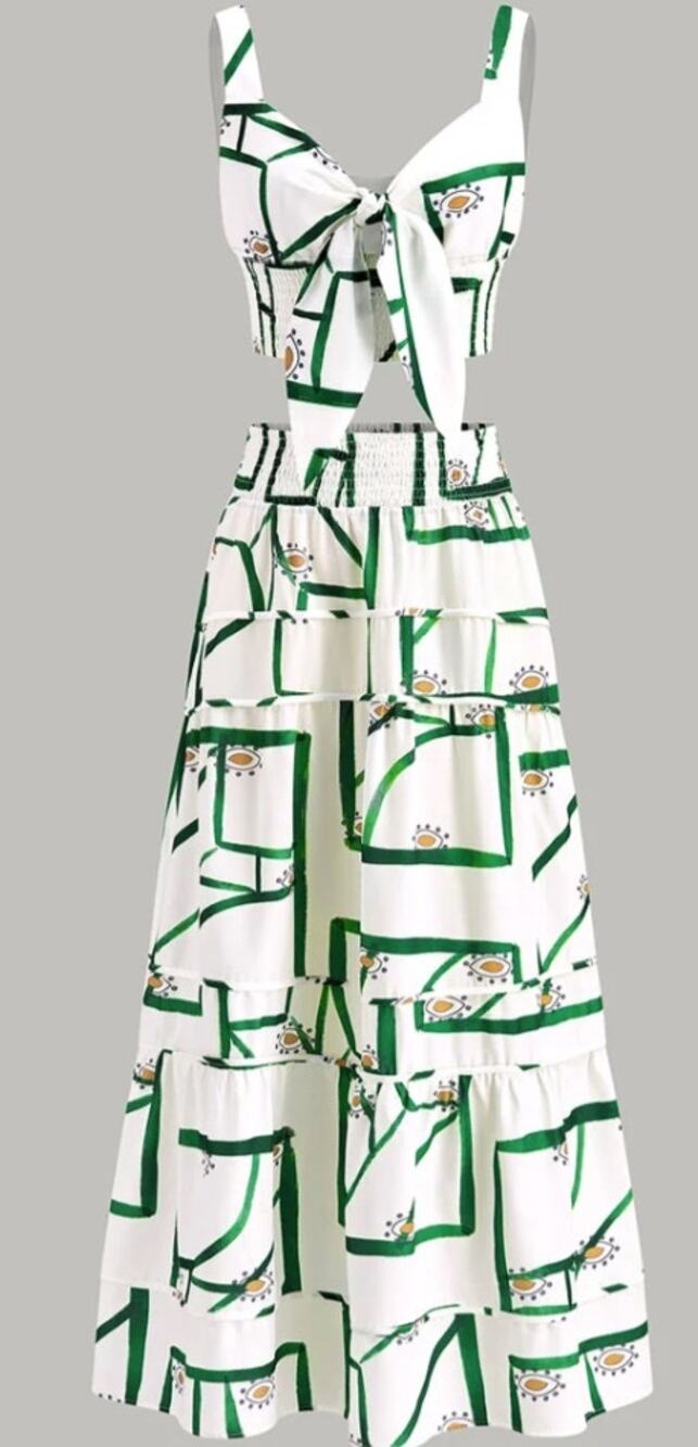 051 NWT Commense Front Tie Cami Top With Tiered Skirt Set | Cream/Green | S
